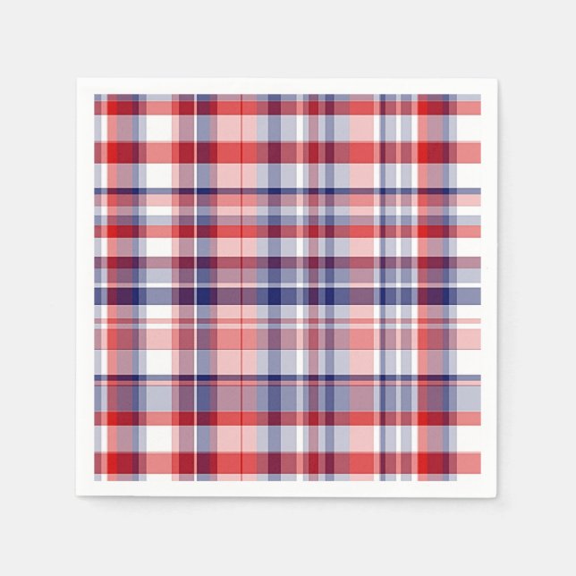 Serviettes En Papier Rouge, Blanc, Bleu Preppy Madras Plaid (Devant)