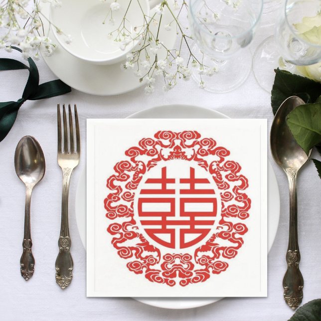 Serviettes En Papier rouge double bonheur mariage chinois moderne (red double happiness modern chinese wedding paper napkins)