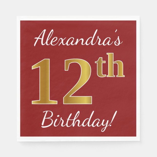 Serviettes En Papier Rouge, Faux Gold 12e anniversaire + Nom personnali (Devant)