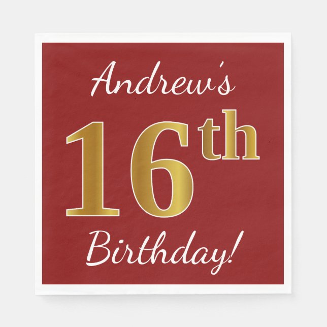 Serviettes En Papier Rouge, Faux Gold 16e anniversaire + Nom personnali (Devant)