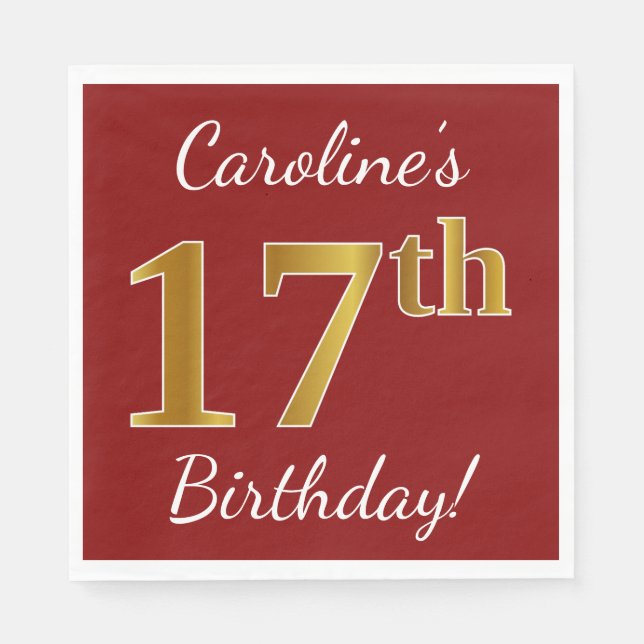 Serviettes En Papier Rouge, Faux Gold 17e anniversaire + Nom personnali (Devant)