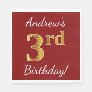 Serviettes En Papier Rouge, Faux Gold 3ème anniversaire + Nom personnal