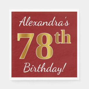 Serviettes En Papier Rouge, Faux Gold 78e anniversaire + Nom personnali