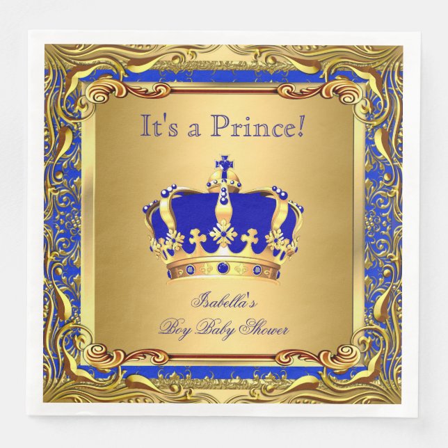 Serviettes En Papier Royal Blue Prince Gold Baby shower de la Couronne  (Devant)