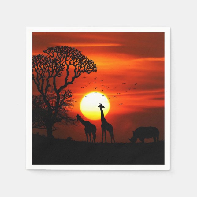 Serviettes En Papier Safari Africain Sunset Animal Silhouettes (Devant)