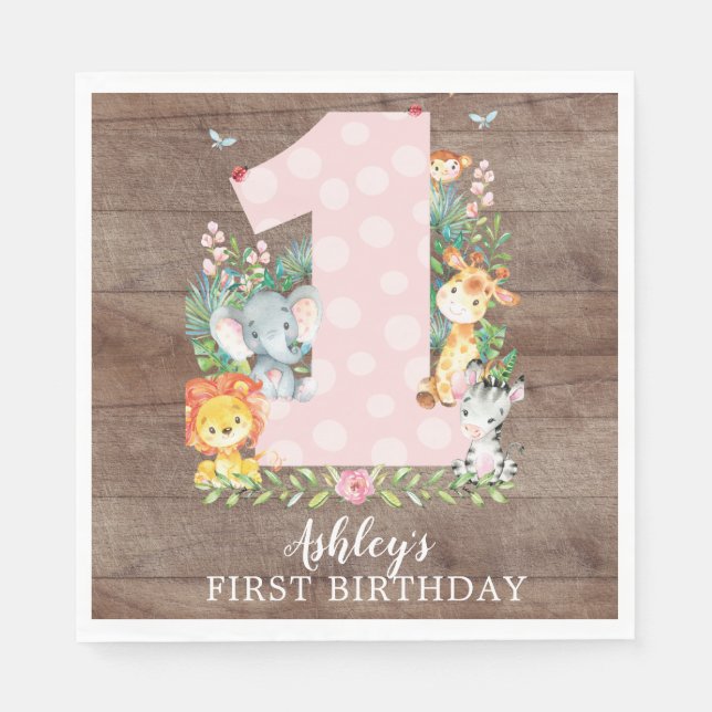 Serviettes En Papier Safari Jungle Girls First Birthday Papier serviett (Devant)