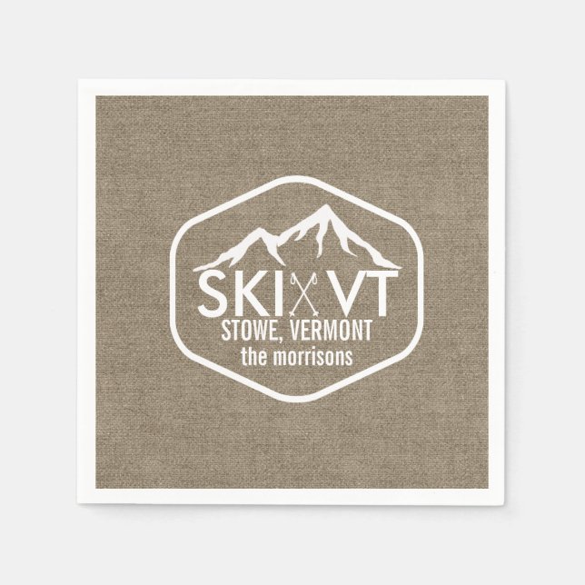 Serviettes En Papier Ski Vermont Stowe Snow Mountain Rustic Burlap (Devant)