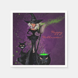 Serviettes En Papier Soirée Halloween Sorcière Glamour en Noir Vert Vio