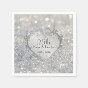 Serviettes En Papier Sparkle Coeur d'argent 25e anniversaire Mariage