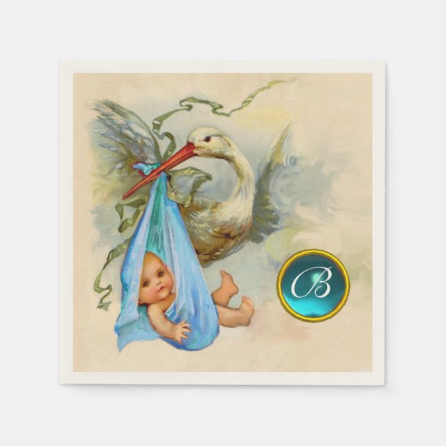 SERVIETTES EN PAPIER STORK BÉBÉ GARÇON DOUCHE BLUE GEM PIERRE MONOGRAM (Devant)