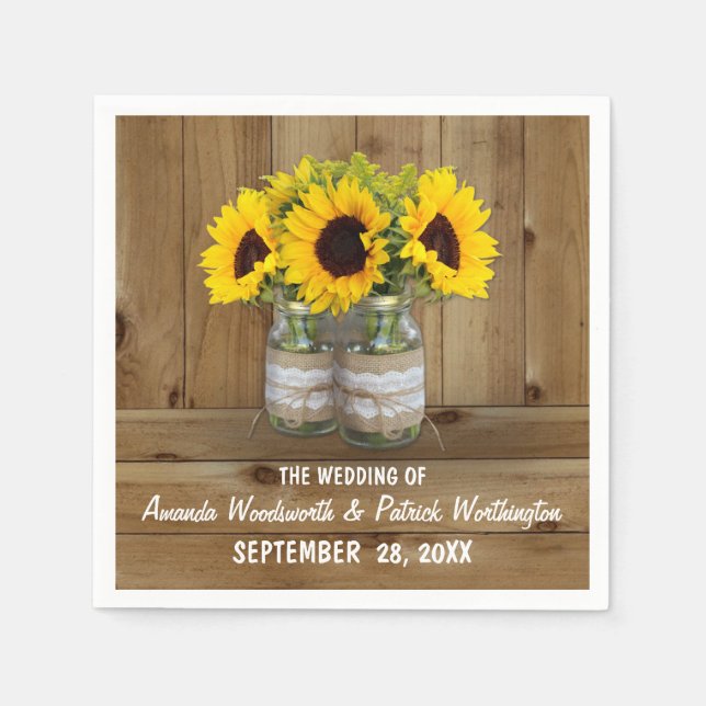 Serviettes En Papier Sunflower Mason Jar Burlap + dentelle Mariage Napl (Devant)