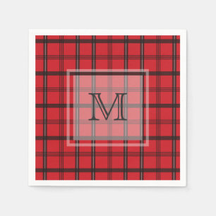 Serviettes En Papier Tartan noir et rouge monogramme