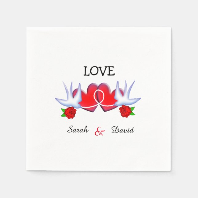 Serviettes En Papier Tatouage Hirondelle Coeurs Et Design Rose (Devant)