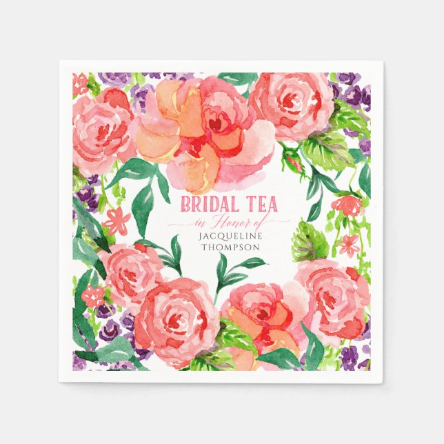 Serviettes En Papier Tea Party nuptiale aquarelle Fleurs modernes Rose (Devant)