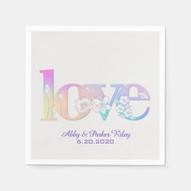 Serviettes En Papier Texte d'amour en arc-en-ciel motif floral (Devant)