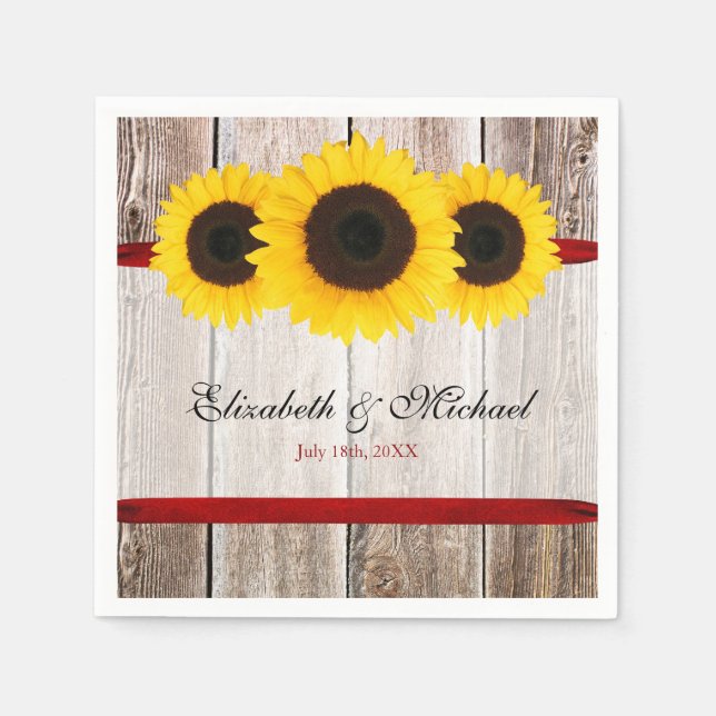 Serviettes En Papier Tournesol Graine Bois Rouge Ruban Mariage (Devant)