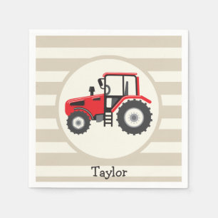 Serviettes En Papier Tracteur rouge de ferme sur les rayures bronzages