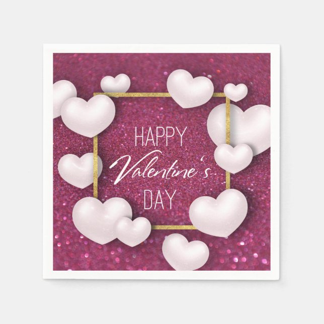 Serviettes En Papier Valentine's Day White Hearts Parties scintillant P (Devant)