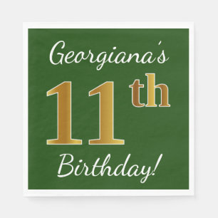 Serviettes En Papier Vert, Faux Gold 11e anniversaire + Nom personnalis