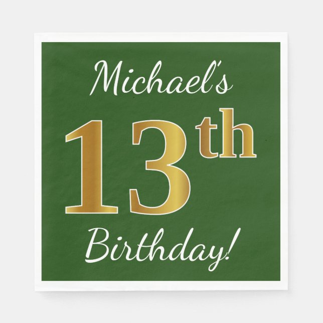 Serviettes En Papier Vert, Faux Gold 13e anniversaire + Nom personnalis (Devant)