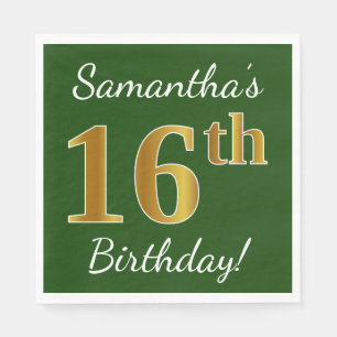 Serviettes En Papier Vert, Faux Gold 16e anniversaire + Nom personnalis