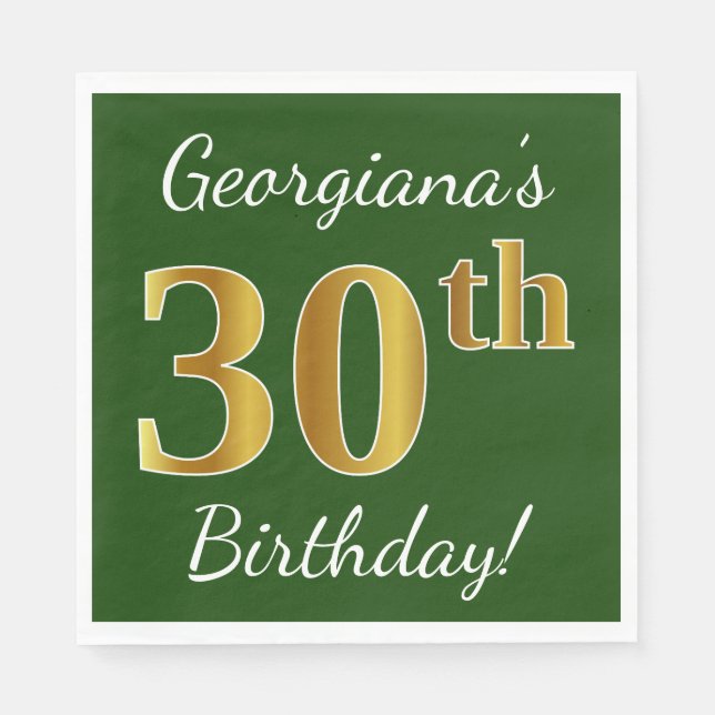 Serviettes En Papier Vert, Faux Gold 30e anniversaire + Nom personnalis (Devant)