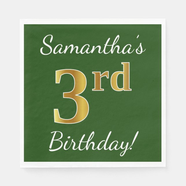 Serviettes En Papier Vert, Faux Gold 3ème anniversaire + Nom personnali (Devant)