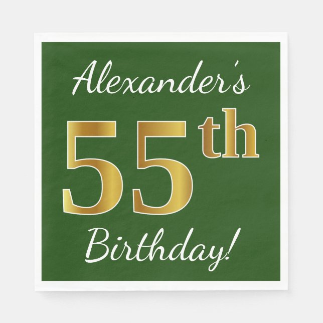 Serviettes En Papier Vert, Faux Gold 55e anniversaire + Nom personnalis (Devant)