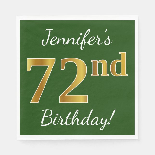 Serviettes En Papier Vert, Faux Gold 72e anniversaire + Nom personnalis (Devant)