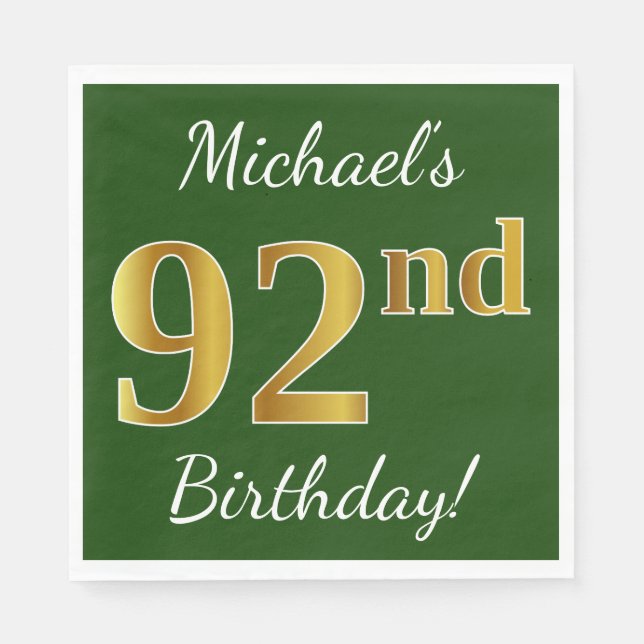 Serviettes En Papier Vert, Faux Gold 92e anniversaire + Nom personnalis (Devant)