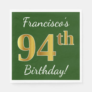 Serviettes En Papier Vert, Faux Gold 94e anniversaire + Nom personnalis