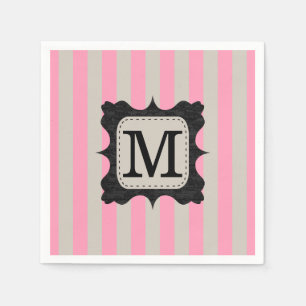 Serviettes En Papier Vintage Pink Stripes Motif Black Custom Monogramme