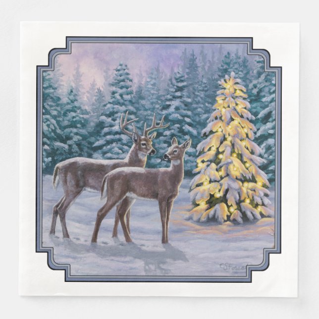 Serviettes En Papier Whitetail Deer & Christmas Tree Scene hivernale (Devant)