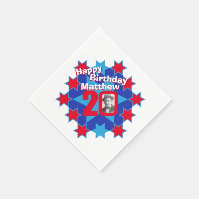 Serviettes Jetables 20e anniversaire photo et nom étoile rouge serviet (Coin)