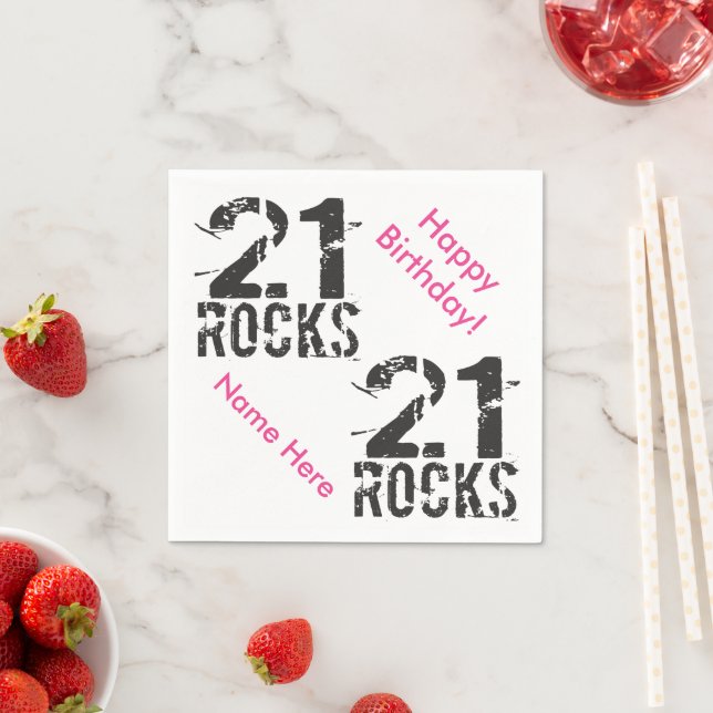 Serviettes Jetables 21e anniversaire Nom personnalisé PINK 21 Rocks (En situation)
