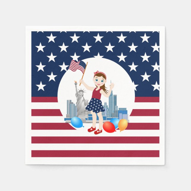 Serviettes Jetables 4 juillet Fille anniversaire avec drapeau américai (Devant)