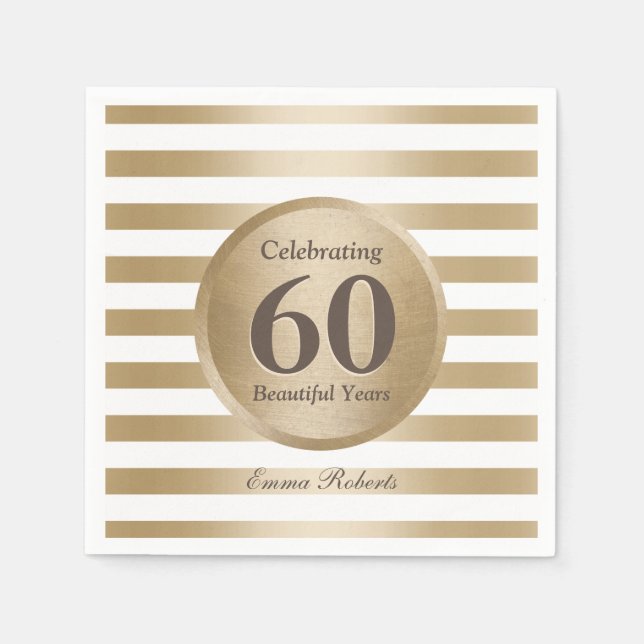 Serviettes Jetables 60e Anniversaire Soirée Elégante Gold Stripes (Devant)