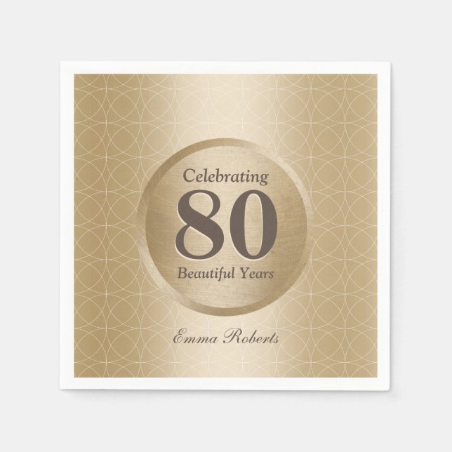 Serviettes Jetables 80e anniversaire de fête Monogramme or Elegant (Devant)
