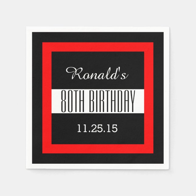 Serviettes Jetables 80e anniversaire Noir avec cadre rouge personnalis (Devant)