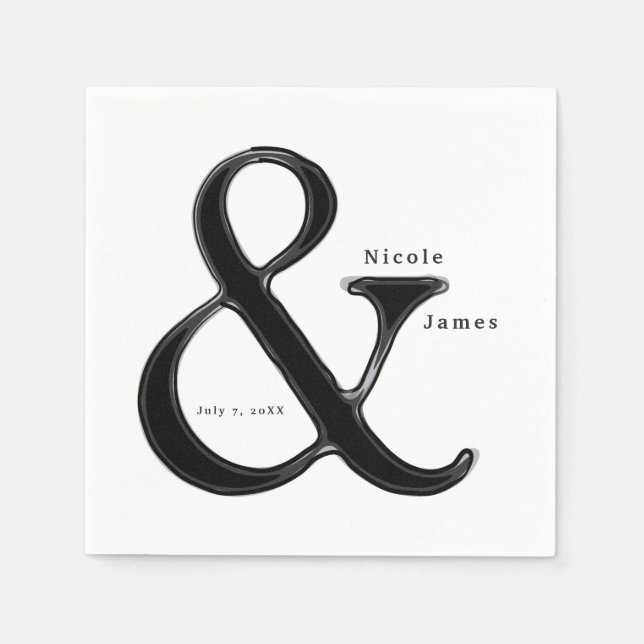 Serviettes Jetables Ampersand Noir & Blanc Chic Mariage Réception (Devant)
