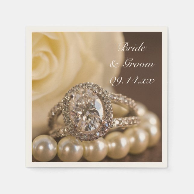 Serviettes Jetables Anneau de diamant ovale et Mariage de rose blanche (Devant)
