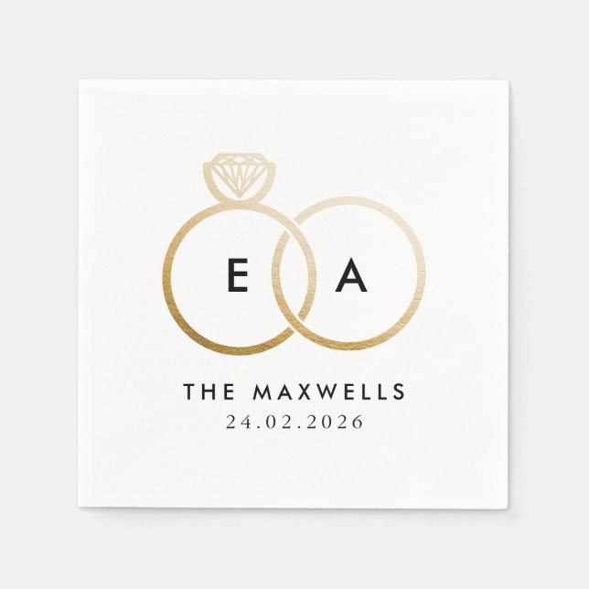 Serviettes Jetables Anneaux Mariages dorés modernes Cocktail Napkin (Devant)