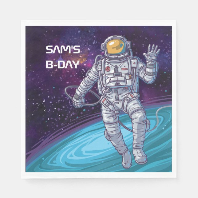 Serviettes Jetables Anniversaire. Astronaut dans l'espace avec étoiles (Devant)