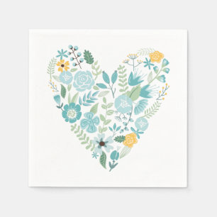 Serviettes Jetables Aqua et coeur floral jaune