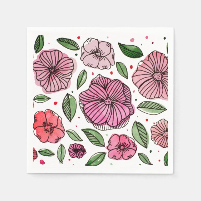 Serviettes Jetables Aquarelle et fleurs d'encre - rose et vert (Devant)