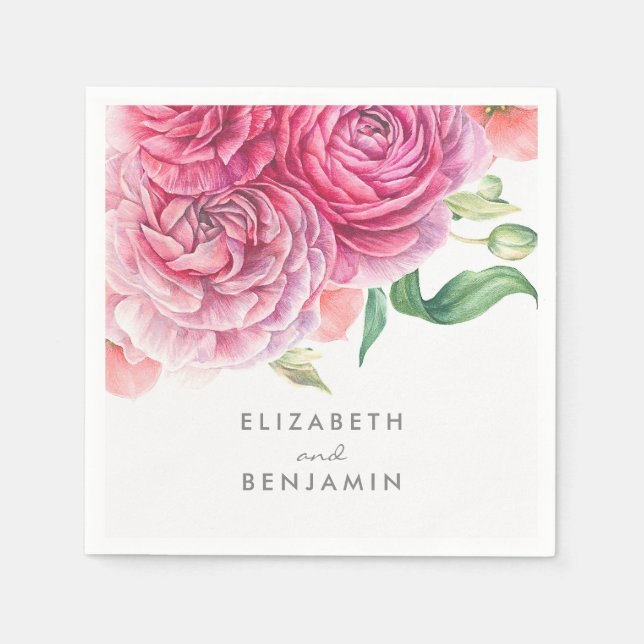 Serviettes Jetables Aquarelle rose Floral Botanique Mariage élégant (Devant)