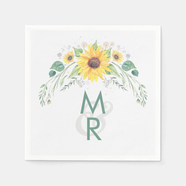 Serviettes Jetables Aquarelle tournesol Mariage campagnard rustique (Devant)
