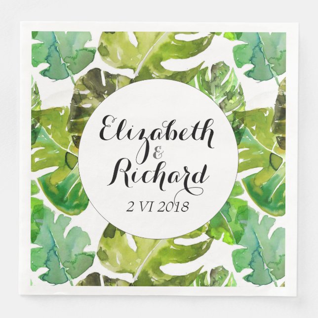 Serviettes Jetables Aquarelle Tropical Feuille mariage monogramme (Devant)