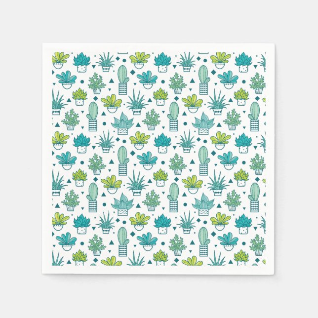 Serviettes Jetables Aquarelle verte et bleue Motif Succulent (Devant)