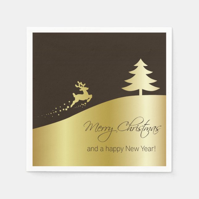 Serviettes Jetables Arbre de Noël doré avec rennes (Devant)